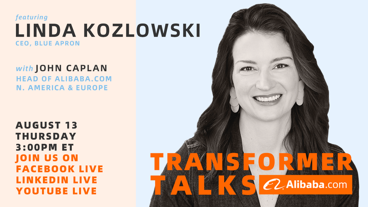 Social post graphic and video opening graphic for the Transformer Talks with Linda Kozlowski, CEO of Blue Apron