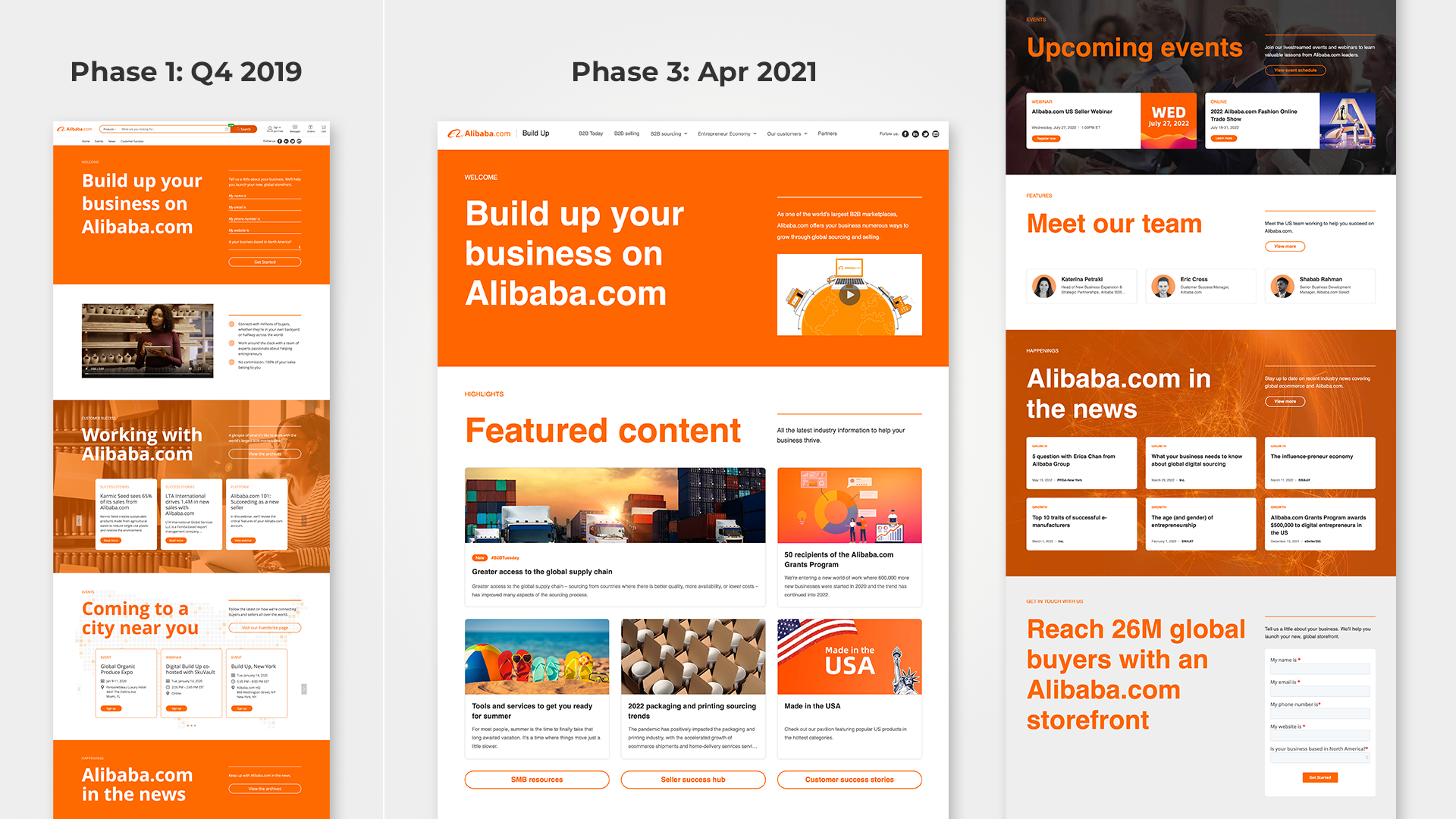 Compare the homepage of Alibaba.com Build Up in Phase 1 and Phase 3