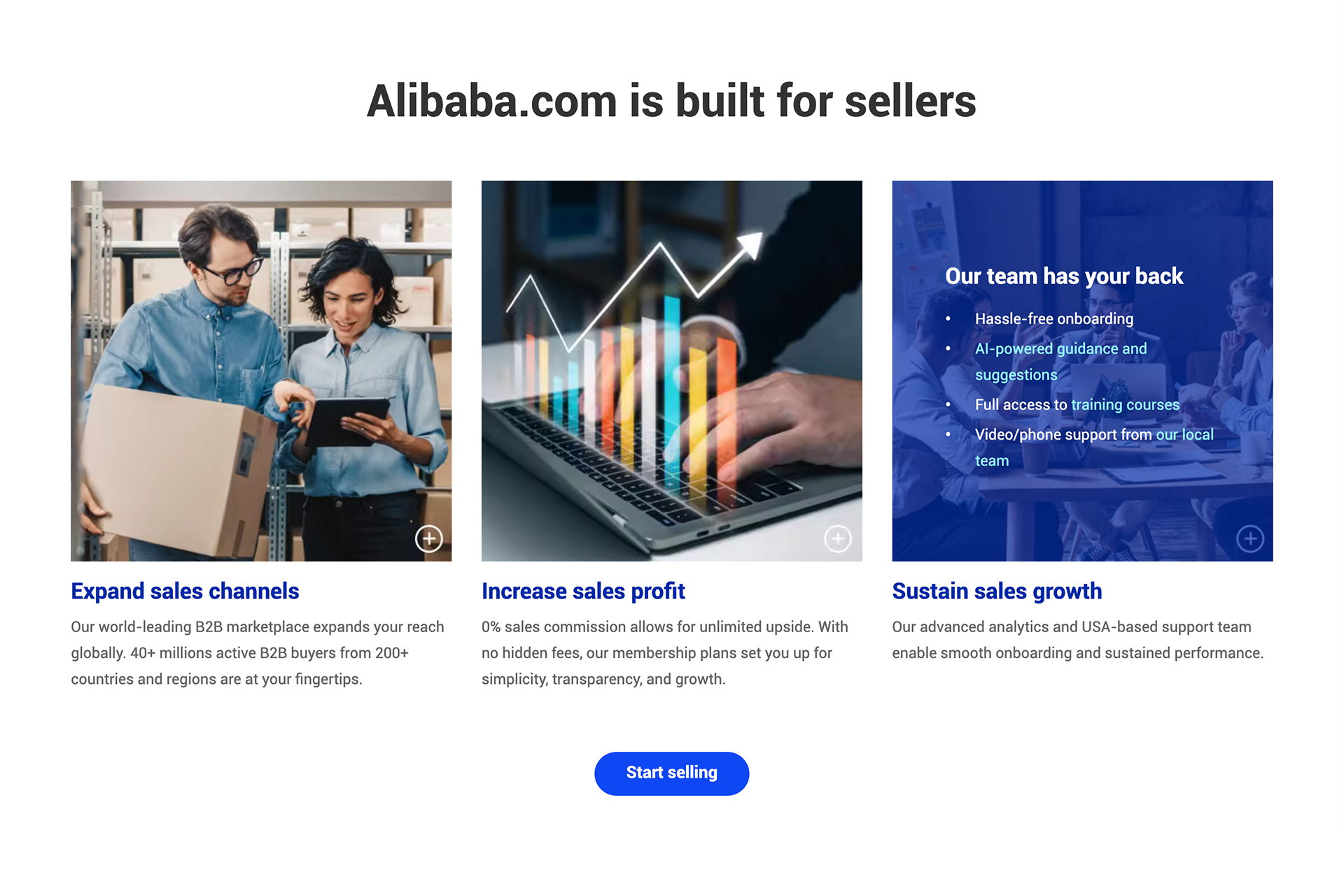 The key benefits section on the Alibaba.com USA homepage