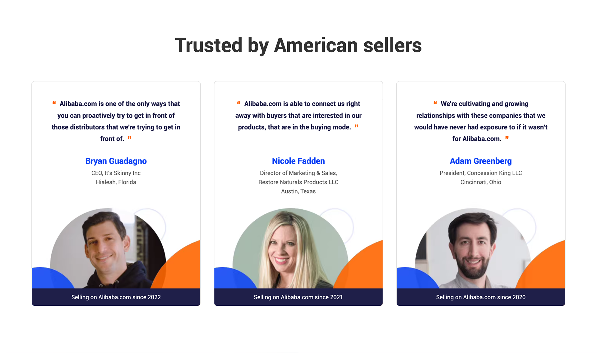 American sellers section on Alibaba.com USA homepage showcasing the mix of orange and blue color design on the seller story cards