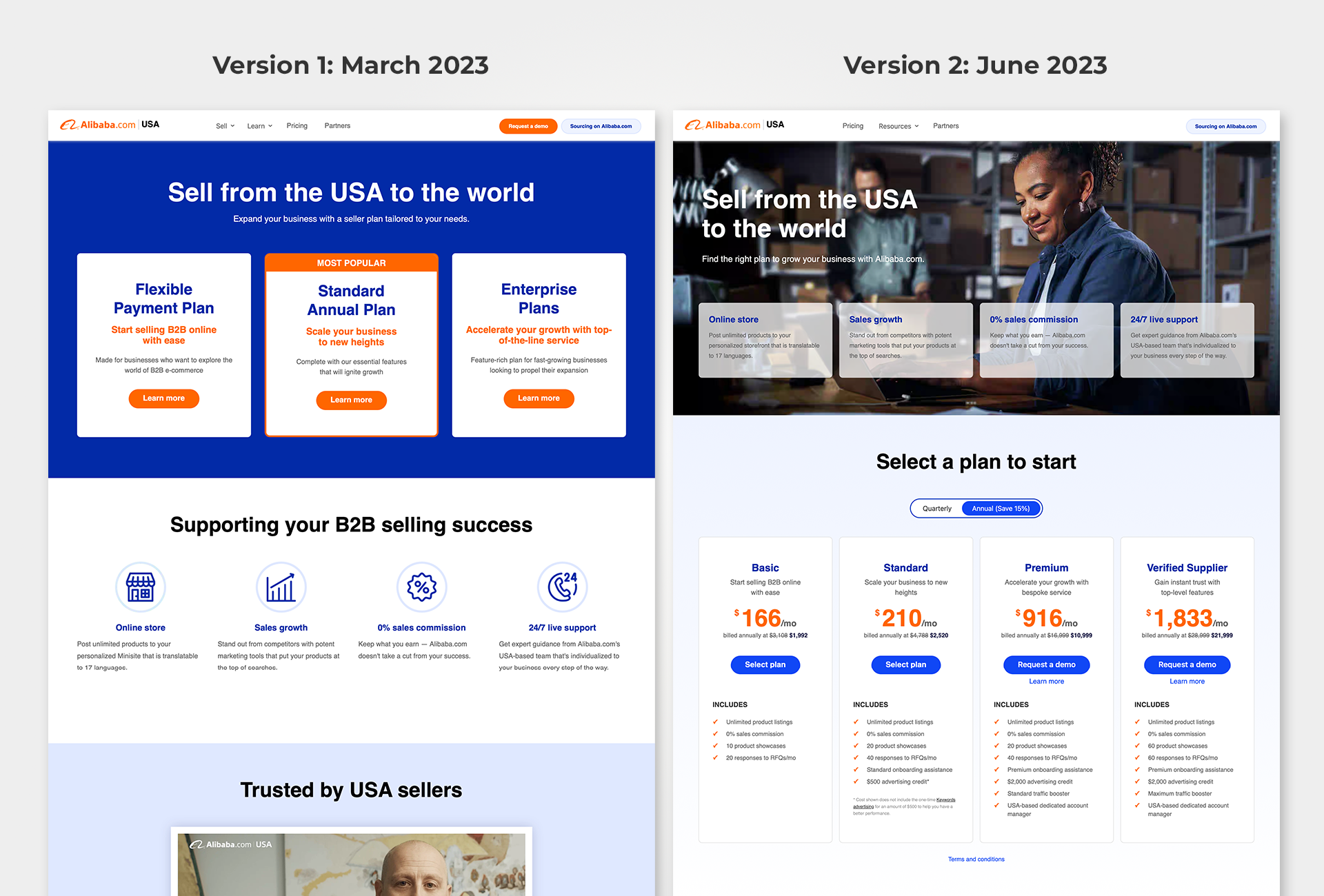Comparison of version 1 and version 2 of the Pricing page on Alibaba.com USA