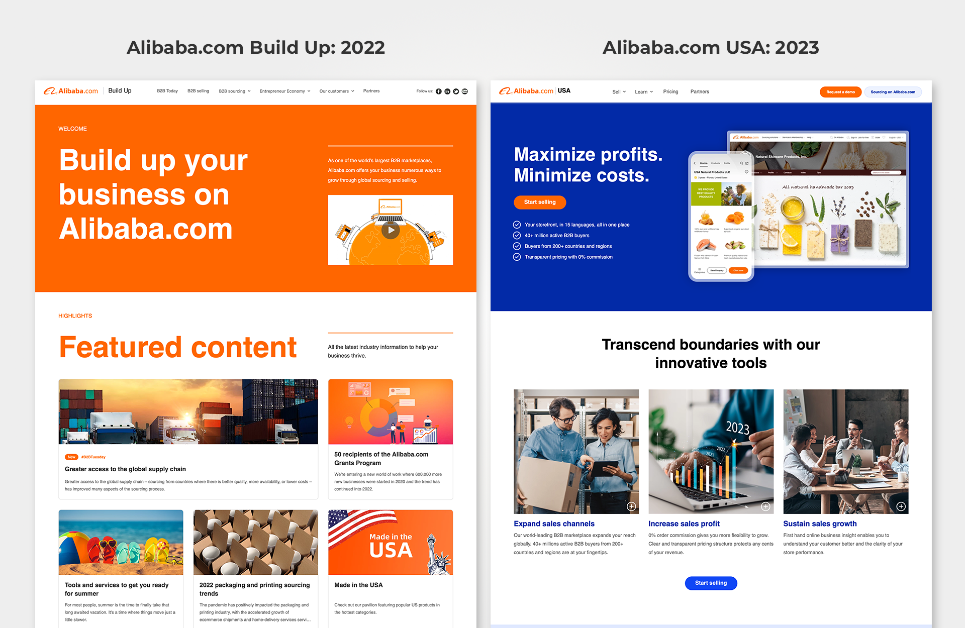 Compare the homepage of Alibaba.com Build Up and the homepage of Alibaba.com USA